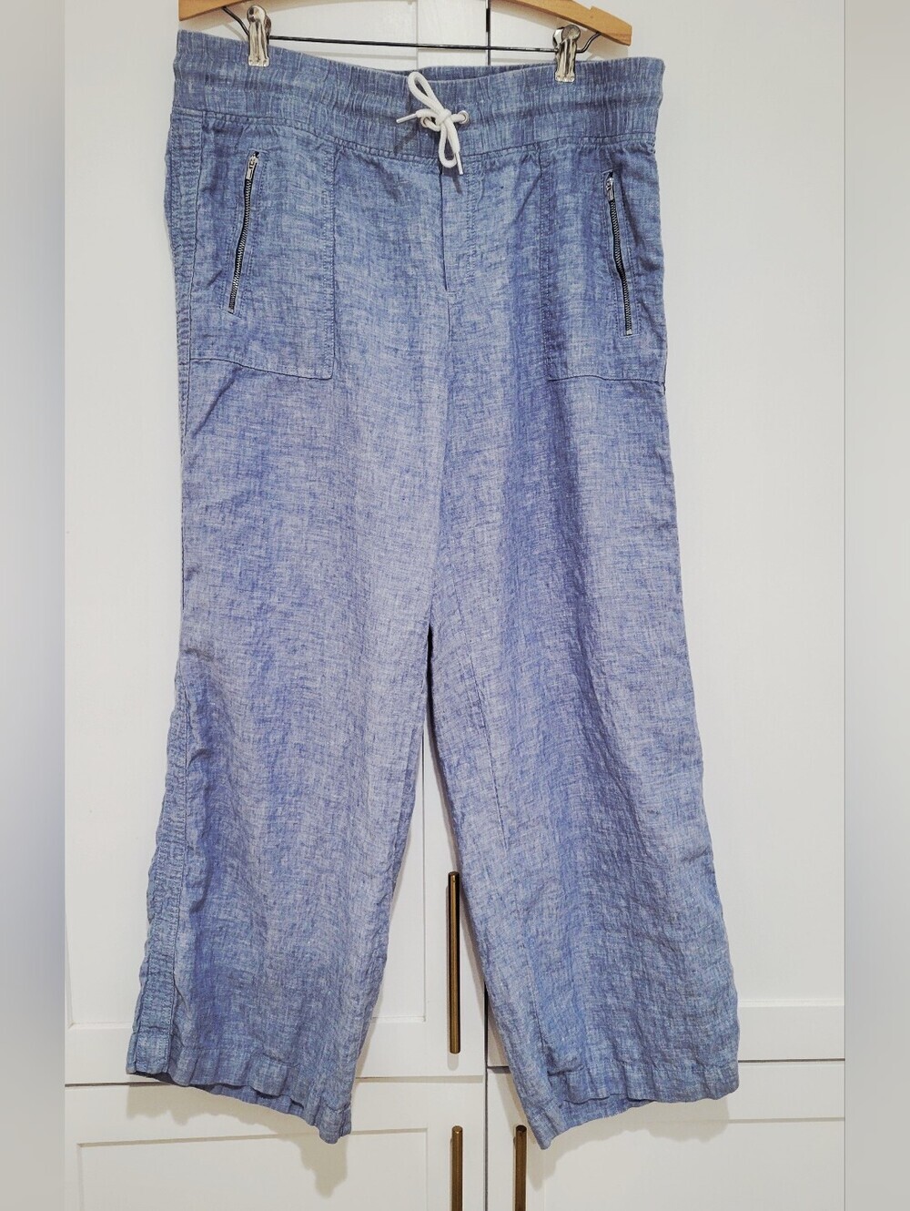 Athleta 100% Linen Cabo Pull-On Lt Blue Wide Leg Pants | Beach Coastal Nautical
